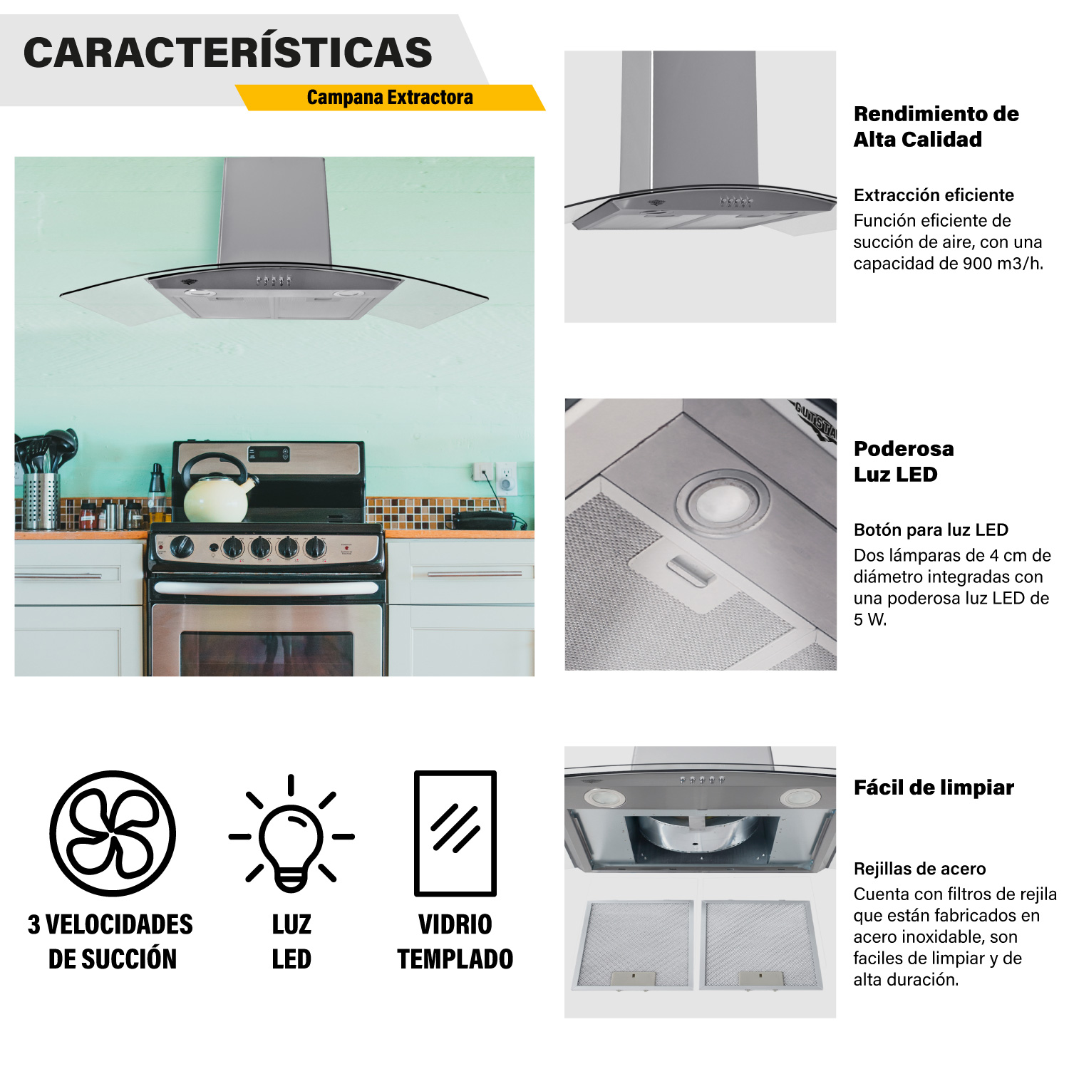 Campana Extractora Cristal Templado 90 cm Acero Inoxidable Cocina Pared Gutstark