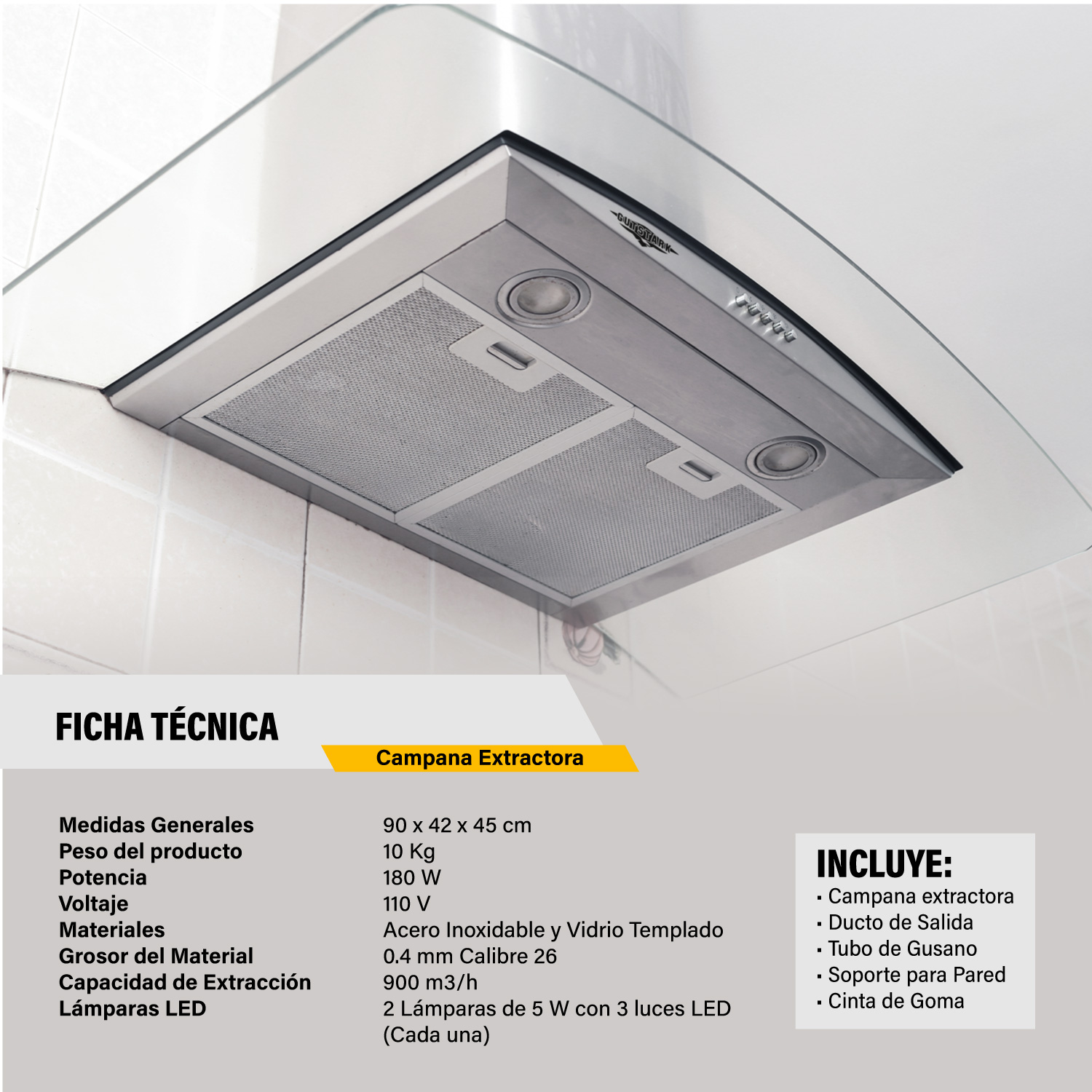 Campana Extractora Cristal Templado 90 cm Acero Inoxidable Cocina Pared Gutstark