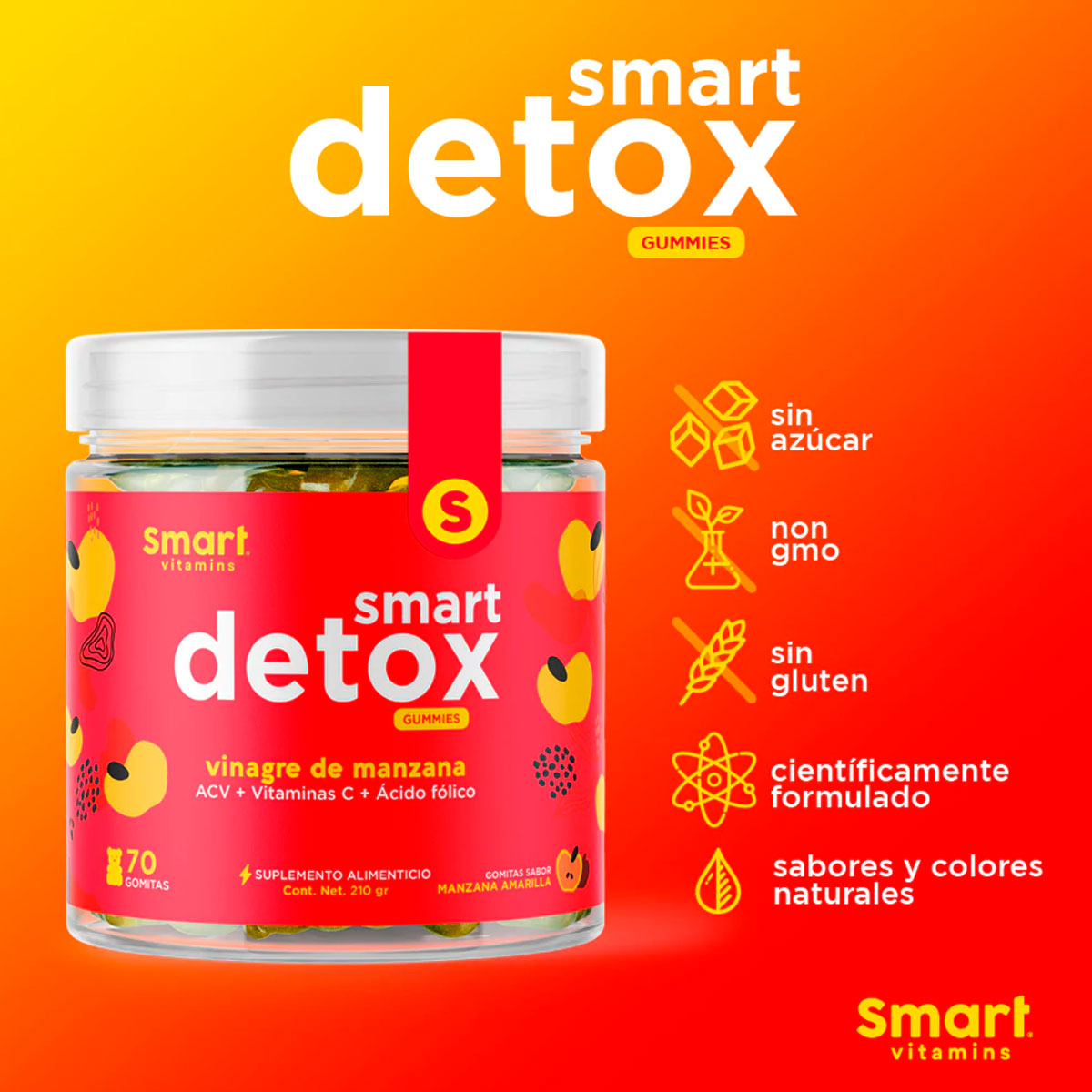 Smart Detox - Suplemento en gomitas Originales Vinagre de Manzana 70 gomitas Smart Vitamins