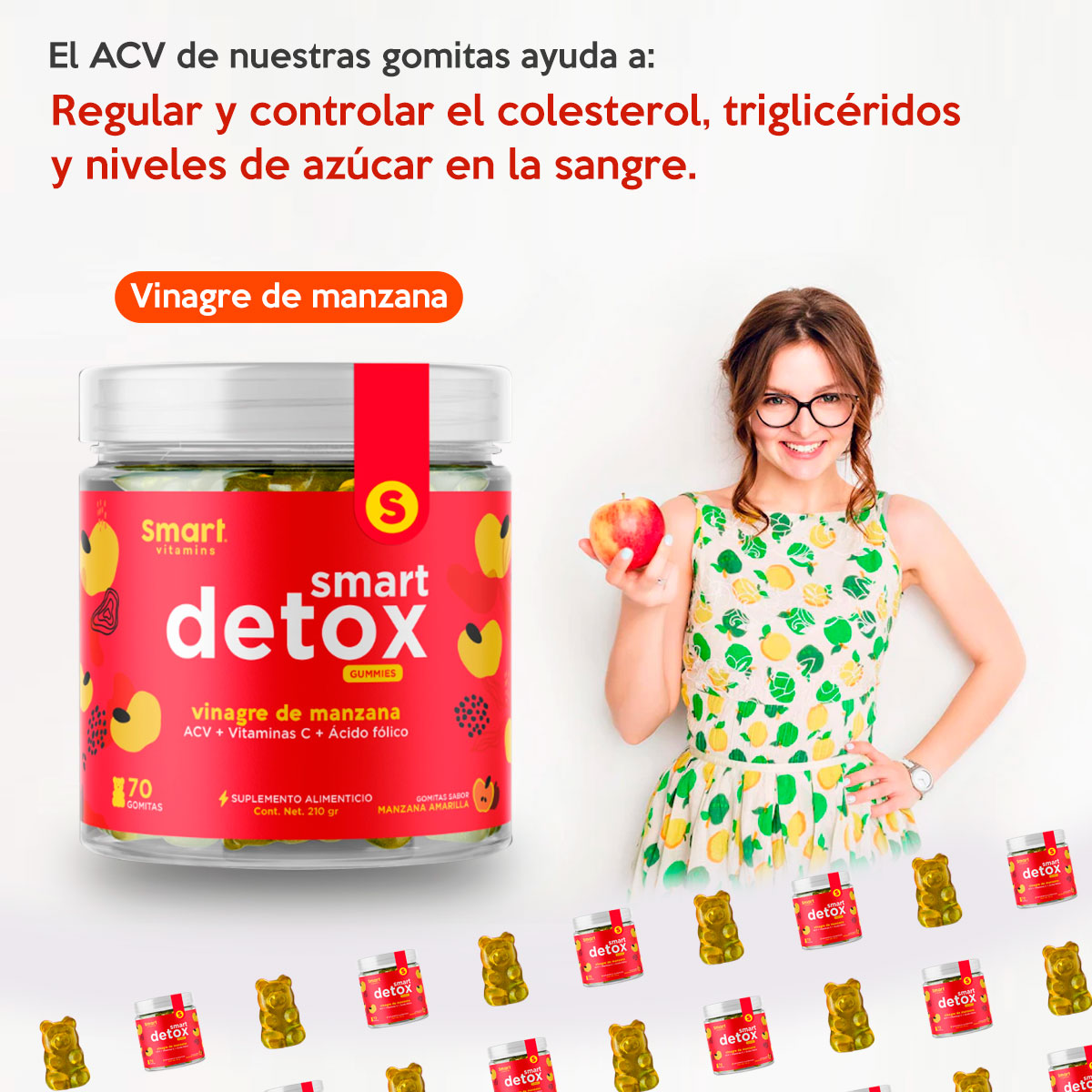 Smart Detox - Suplemento en gomitas Originales Vinagre de Manzana 70 gomitas Smart Vitamins