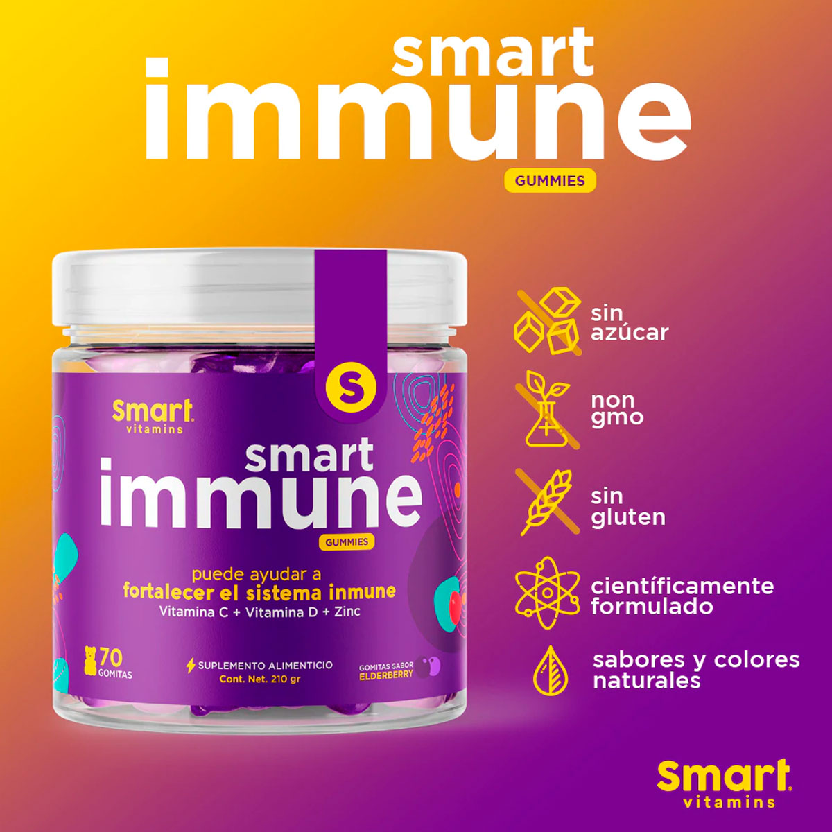 SMART IMMUNE- Suplemento en gomitas Originales, Fortalece tu sistema inmunológico 70 gomitas Smart Vitamins.