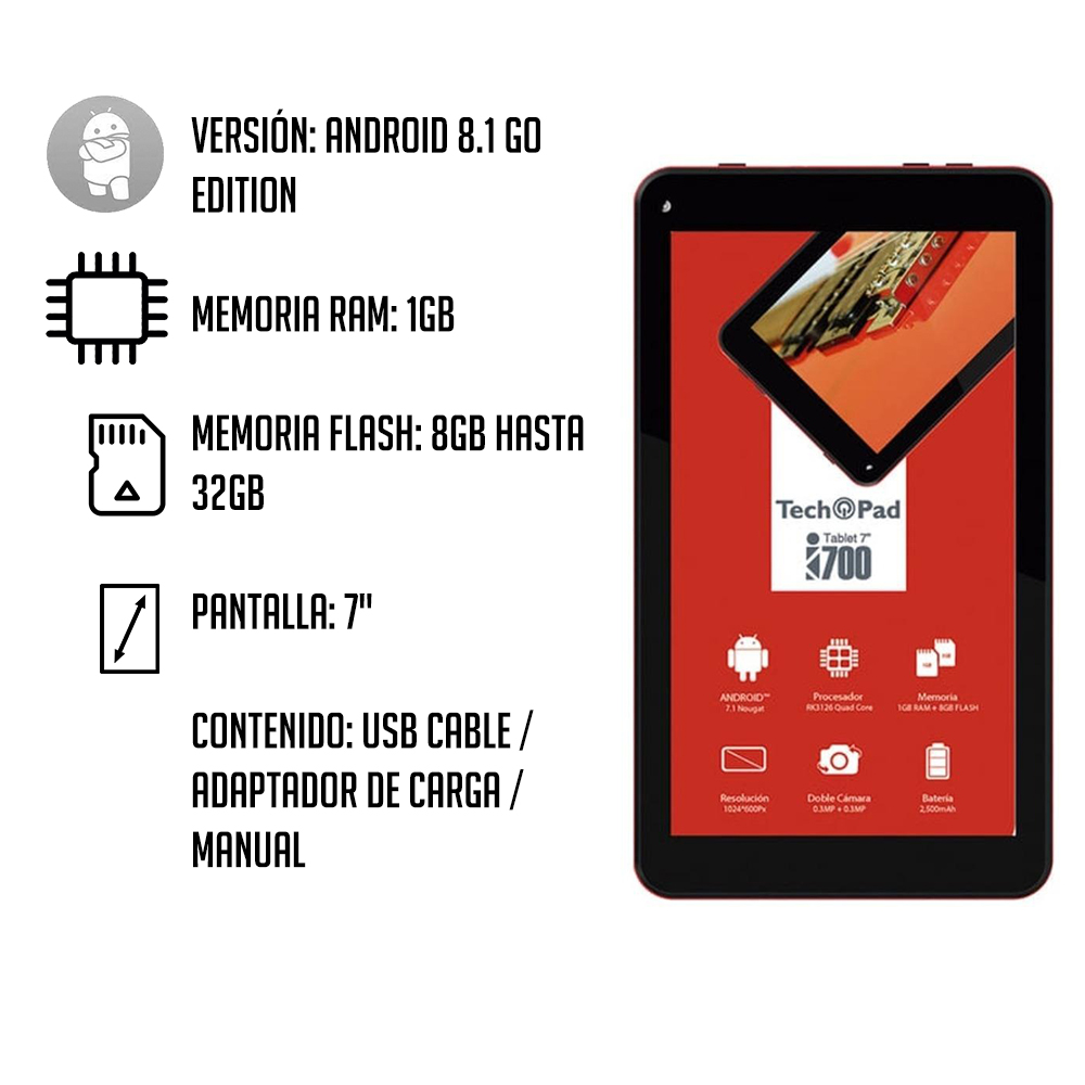 Tablet Tech Pad i700 7 Pulg 1GB RAM Android 8.1 Doble Cámara