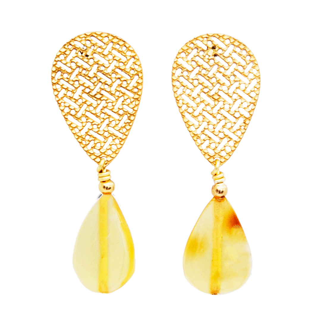 Aretes Ámbar Tipo Broquel Filigrana Gota