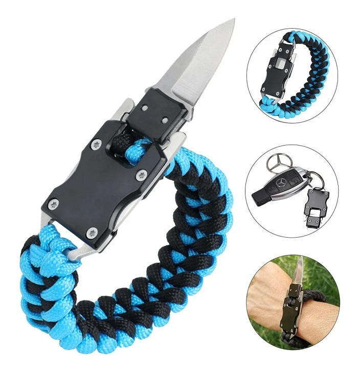 Pulsera Táctica Con Navaja Y Cuchillo Inoxidable Camping Azul Con Negro