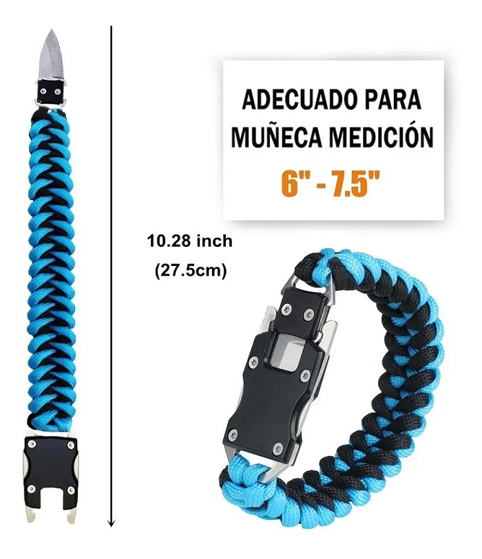 Pulsera Táctica Con Navaja Y Cuchillo Inoxidable Camping Azul Con Negro