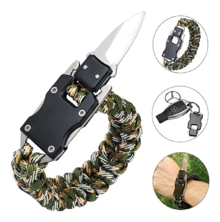 Pulsera Táctica Con Navaja Y Cuchillo Inoxidable Camping Camuflaje