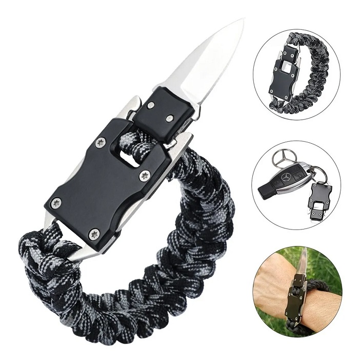 Pulsera Táctica Con Navaja Y Cuchillo Inoxidable Camping Gris