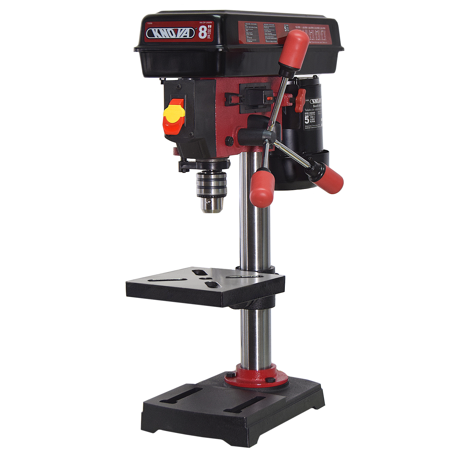 Knova Taladro Columna de Banco 8" con Guía Láser, Motor Potente 1/3 HP, Velocidad 750-3200 RPM, Mesa Inclinable, Capacidad 13mm, Ergonómico, Base Hierro - Negro, Pequeña, Metal
