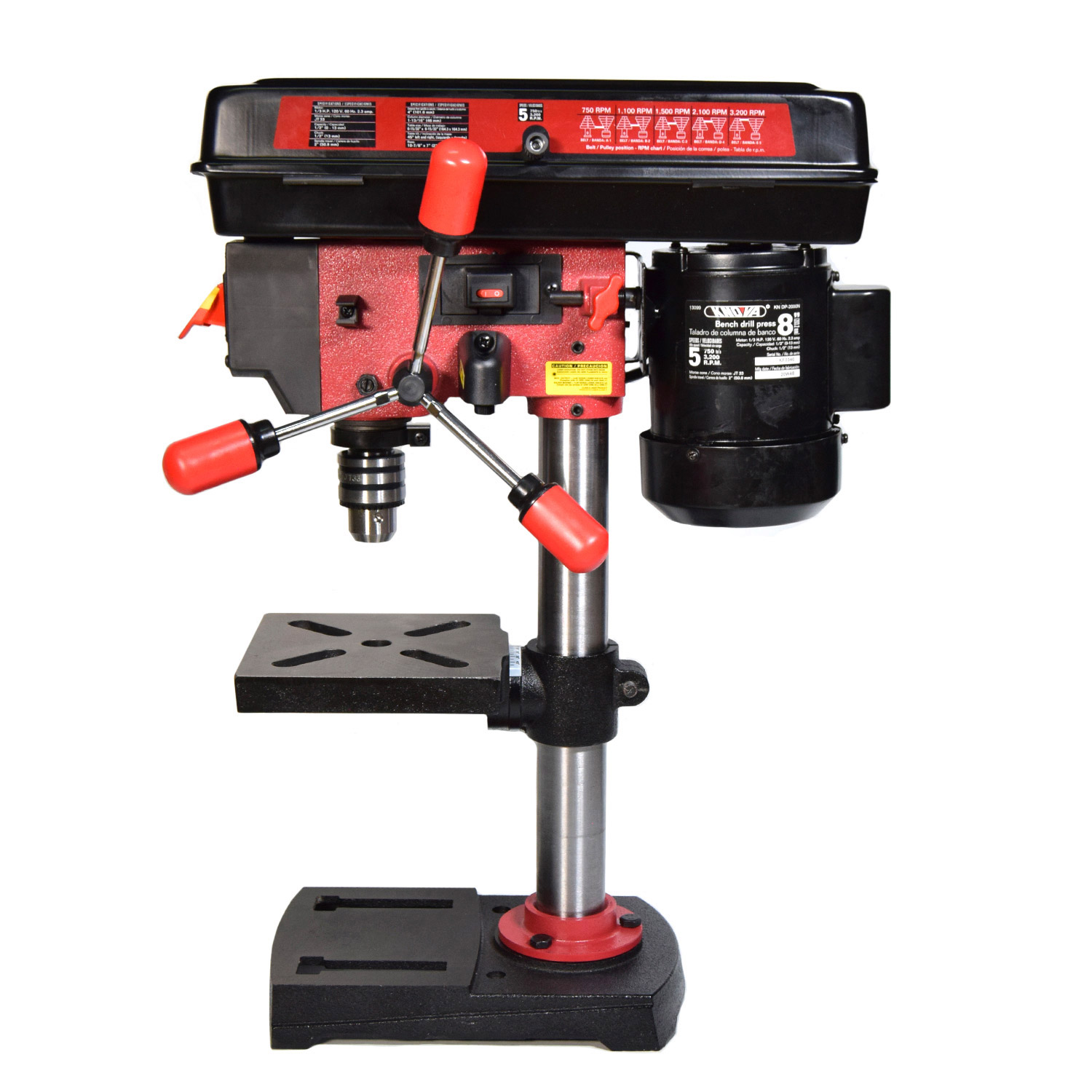 Knova Taladro Columna de Banco 8" con Guía Láser, Motor Potente 1/3 HP, Velocidad 750-3200 RPM, Mesa Inclinable, Capacidad 13mm, Ergonómico, Base Hierro - Negro, Pequeña, Metal