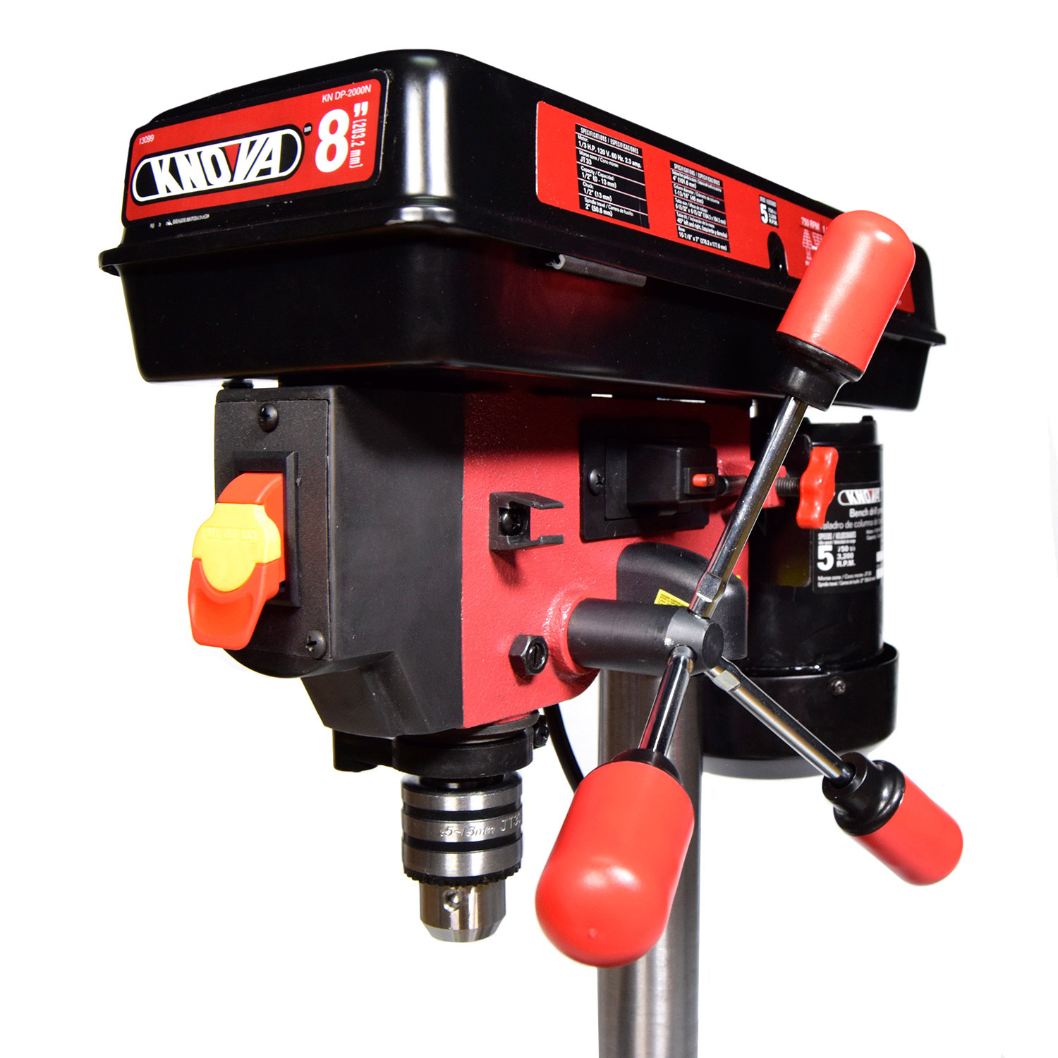 Knova Taladro Columna de Banco 8" con Guía Láser, Motor Potente 1/3 HP, Velocidad 750-3200 RPM, Mesa Inclinable, Capacidad 13mm, Ergonómico, Base Hierro - Negro, Pequeña, Metal