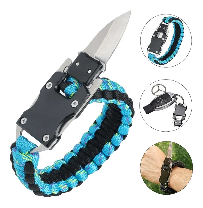 Pulsera Táctica Con Navaja Y Cuchillo Inoxidable Camping Verde Menta