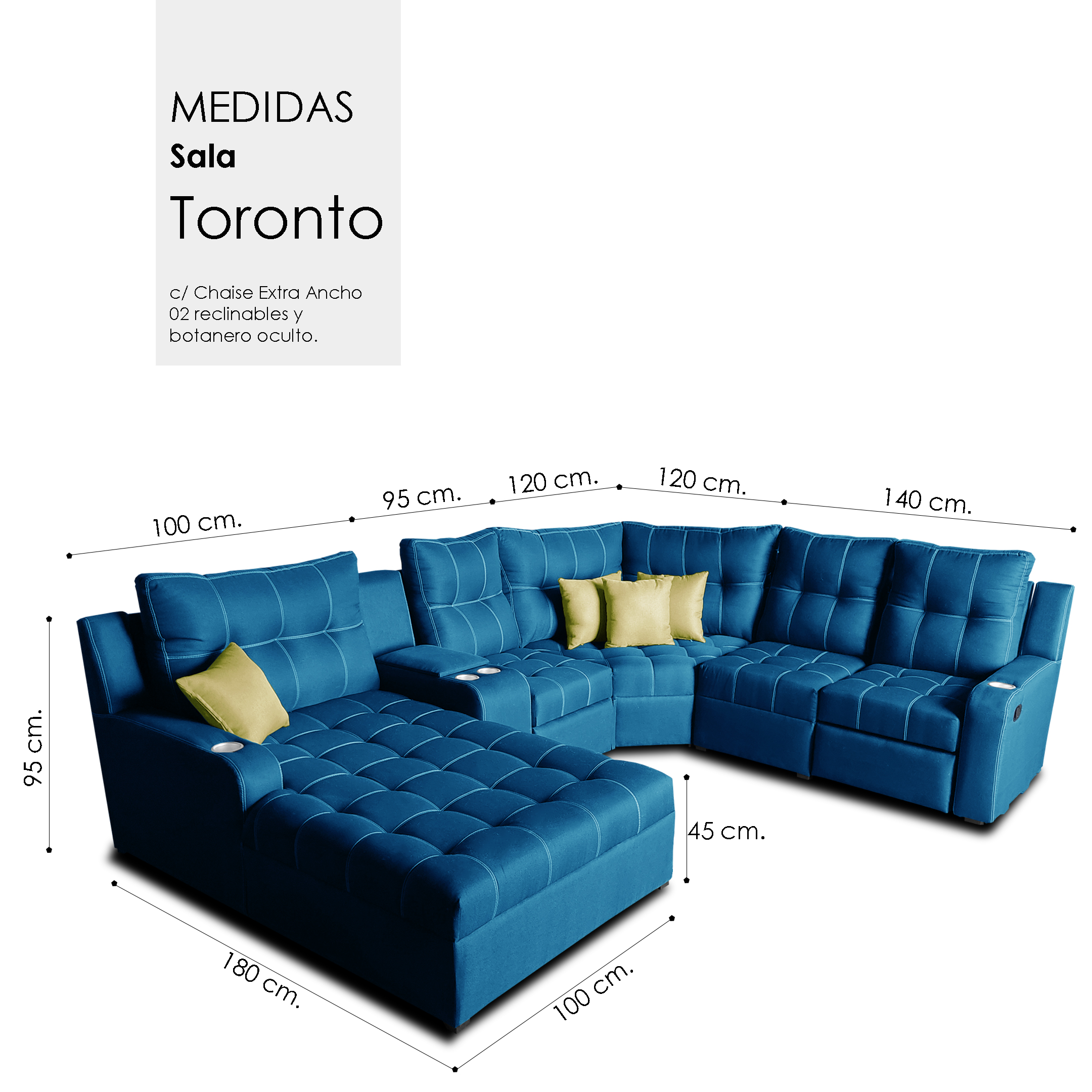 Sala Toronto c/ Chaise Extra Ancho/ 02 reclinables/ Tela Michell Navy // ENTREGA EN CDMX Y ZONA METROPOLITANA.