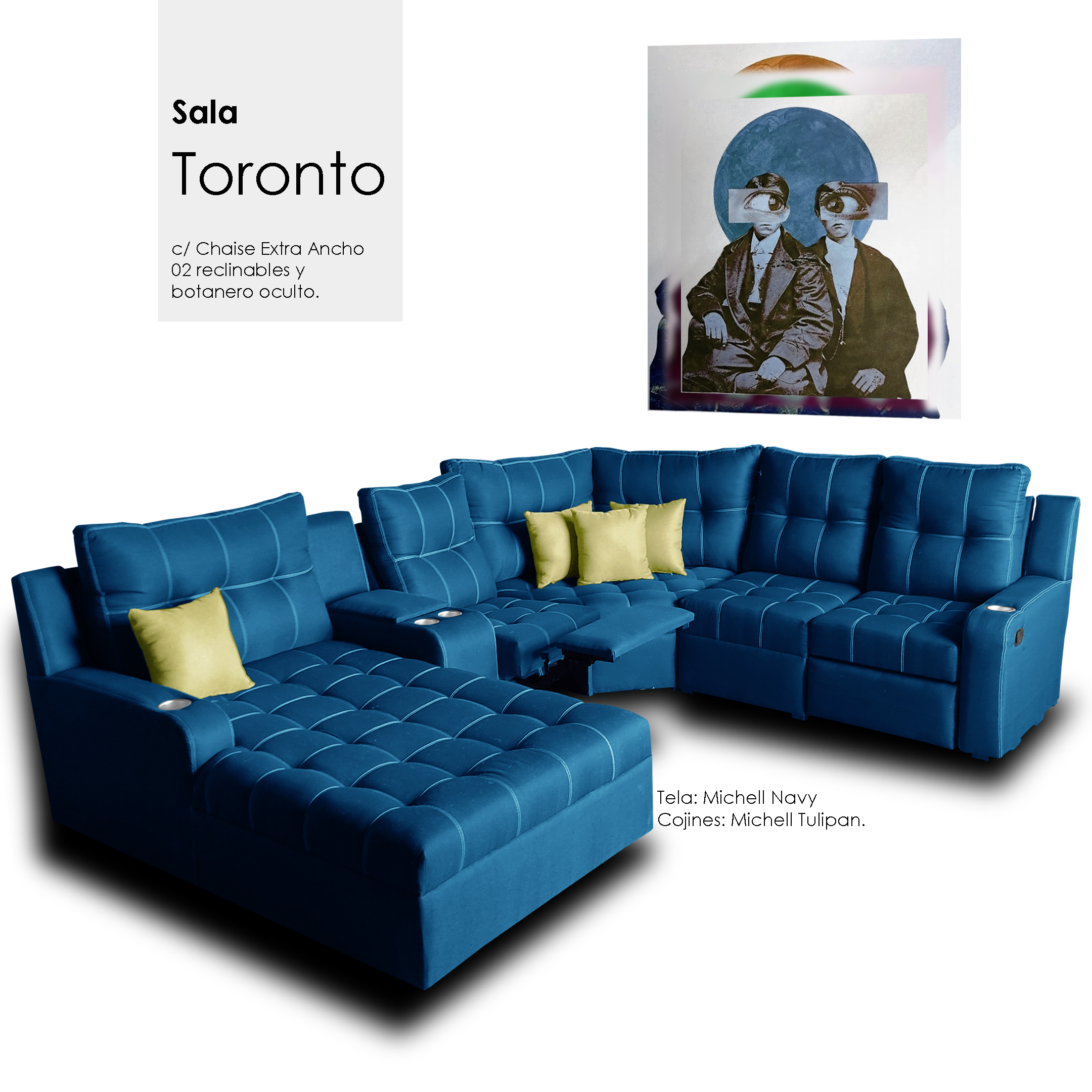 Sala Toronto c/ Chaise Extra Ancho/ 02 reclinables/ Tela Michell Navy // ENTREGA EN CDMX Y ZONA METROPOLITANA.