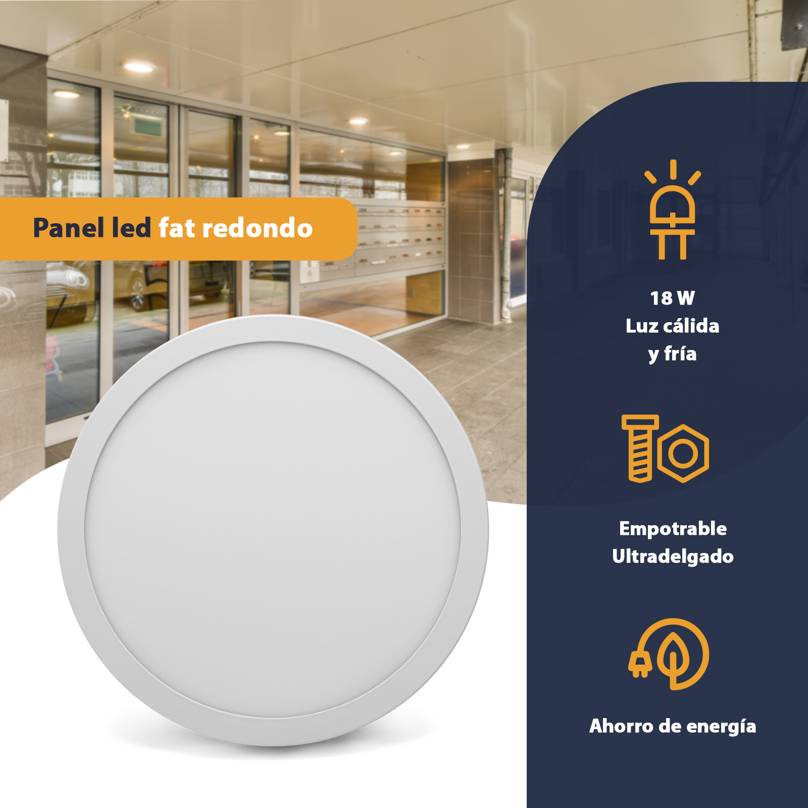 Lámpara Panel Led Fat Redondo 18w de Techo Empotrable Sula