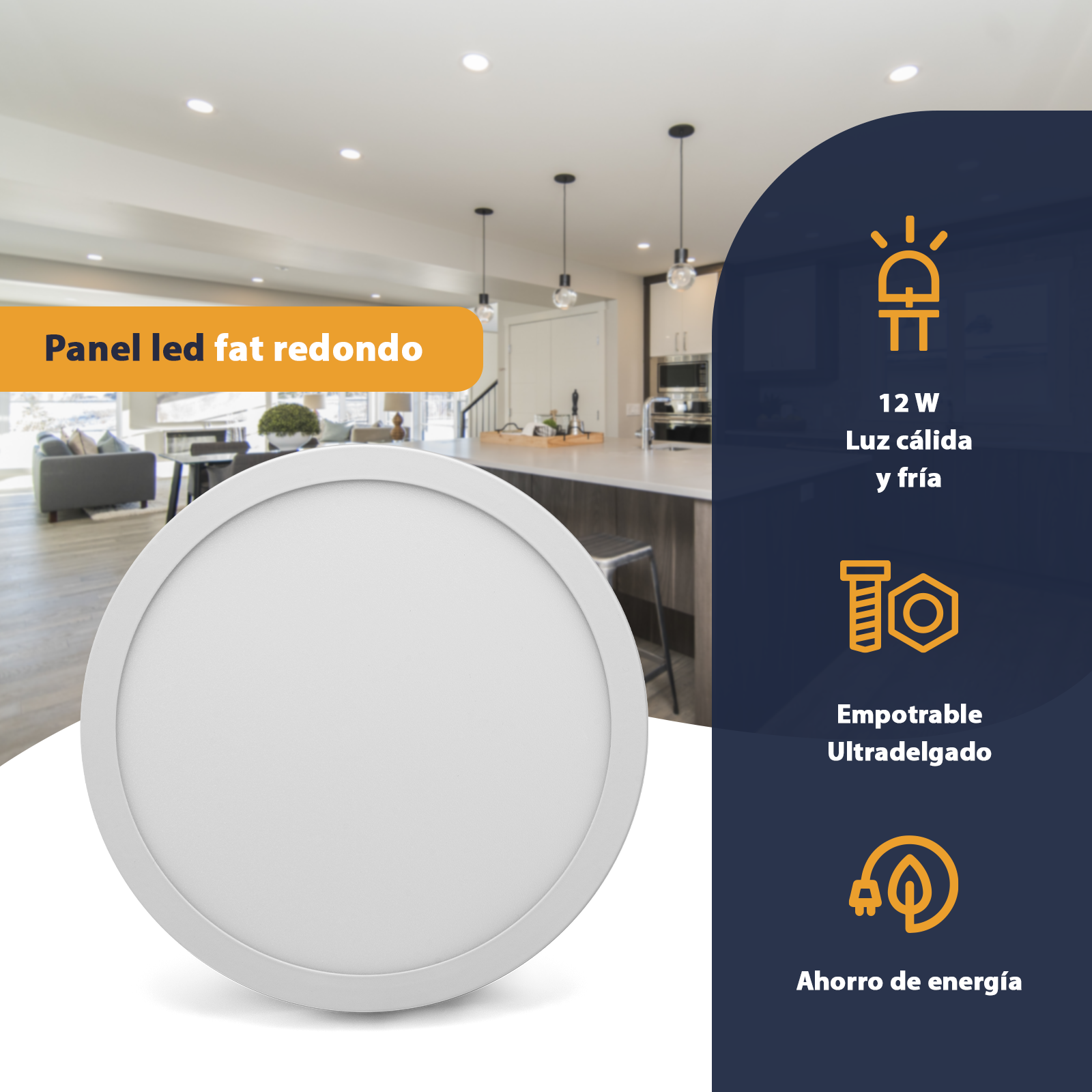 5 Pack Lampara Panel Led Fat Redondo 12w de Techo Empotrable Sula
