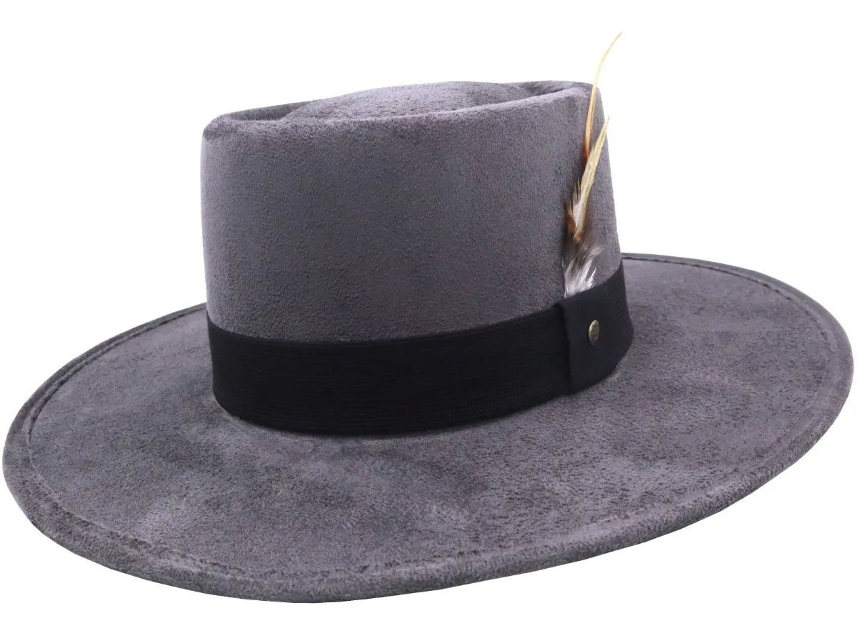 Sombrero Unisex Cordobes Gamuza Gallero Retro Resorte Plumas Vintage Gris Oscuro