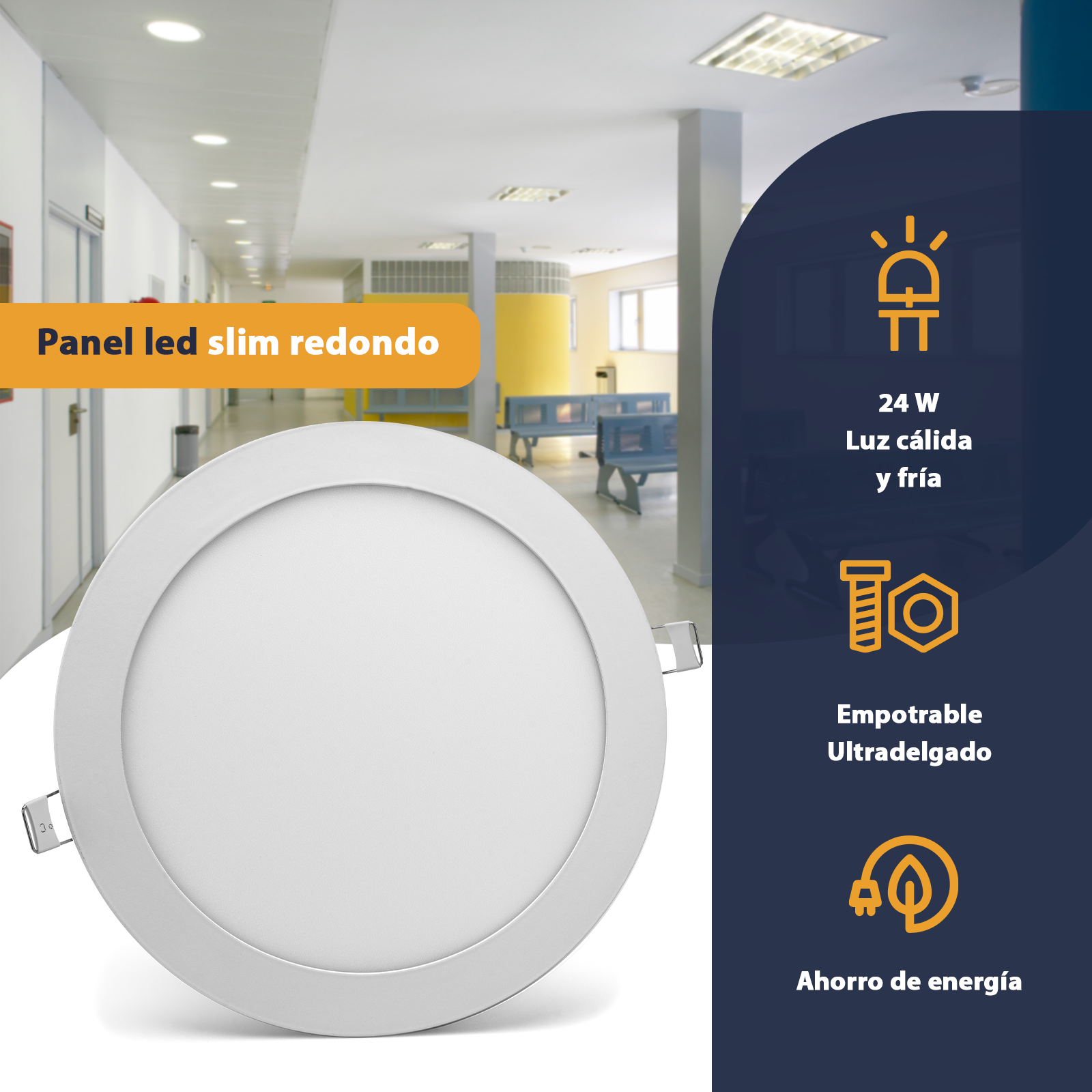 Lámpara Panel Led Slim Redondo 24w de Techo Empotrable Sula