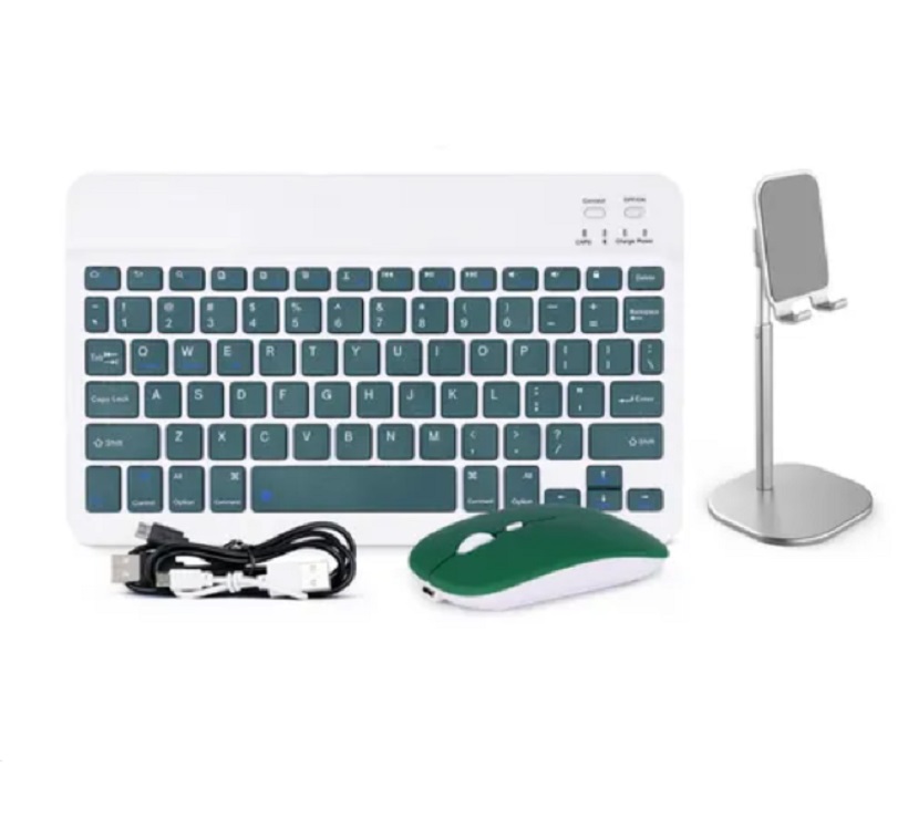 Kit Teclado En Español Y Mouse Con Bluetooth y Soporte Verde