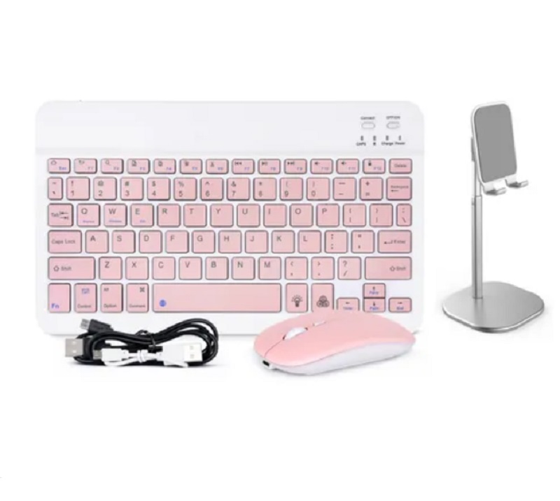 Kit Teclado En Español Y Mouse Con Bluetooth y Soporte Rosa