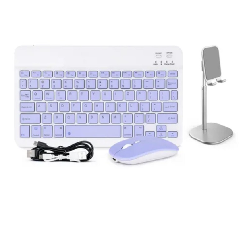 Kit Teclado En Español Y Mouse Con Bluetooth y Soporte  Morado