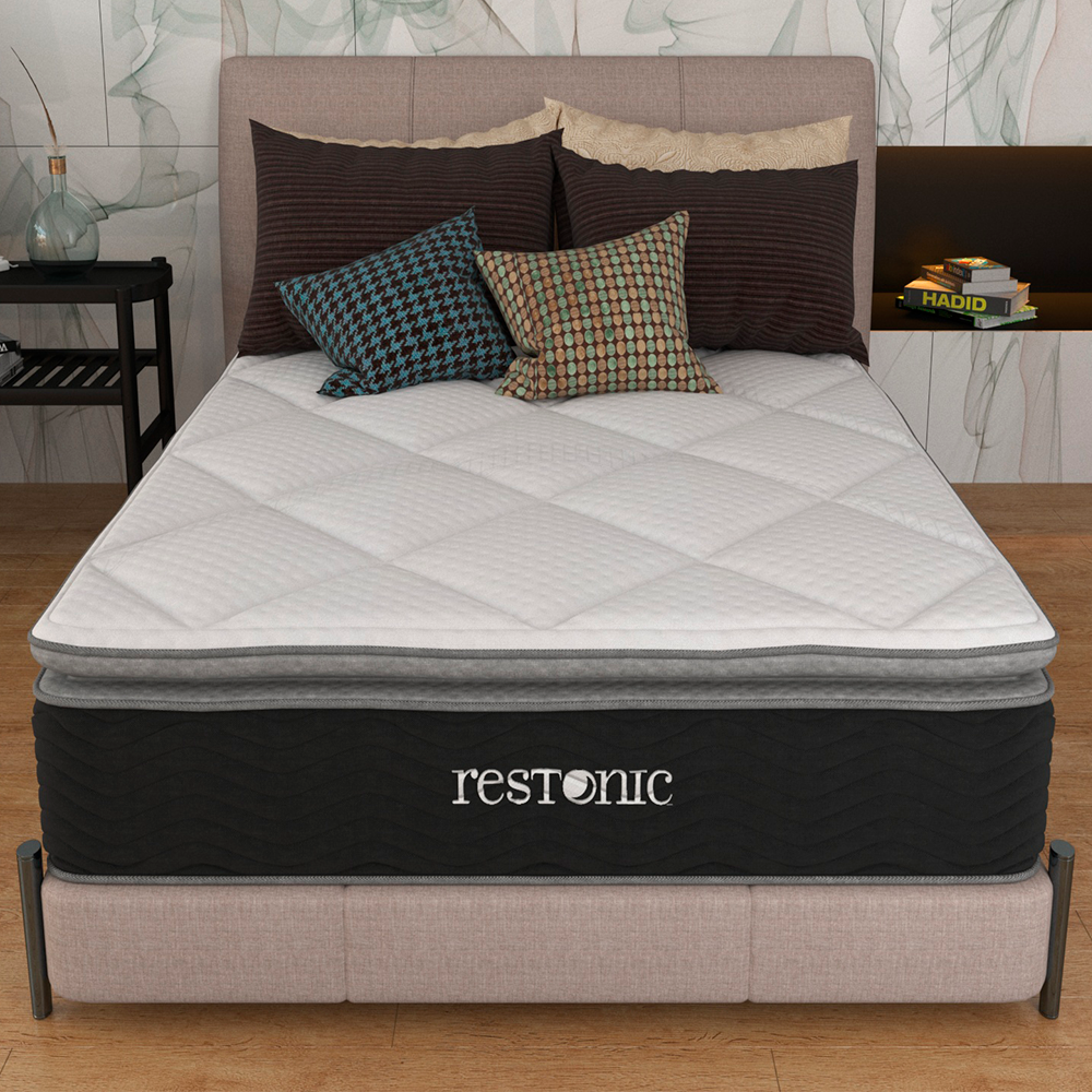 Colchón Restonic Matrimonial Luxury Random Ortopédico Con Colchoneta PILLOW TOP + Protector Matrimonial, Edredón Matrimonial y 2 Almohadas GRATIS