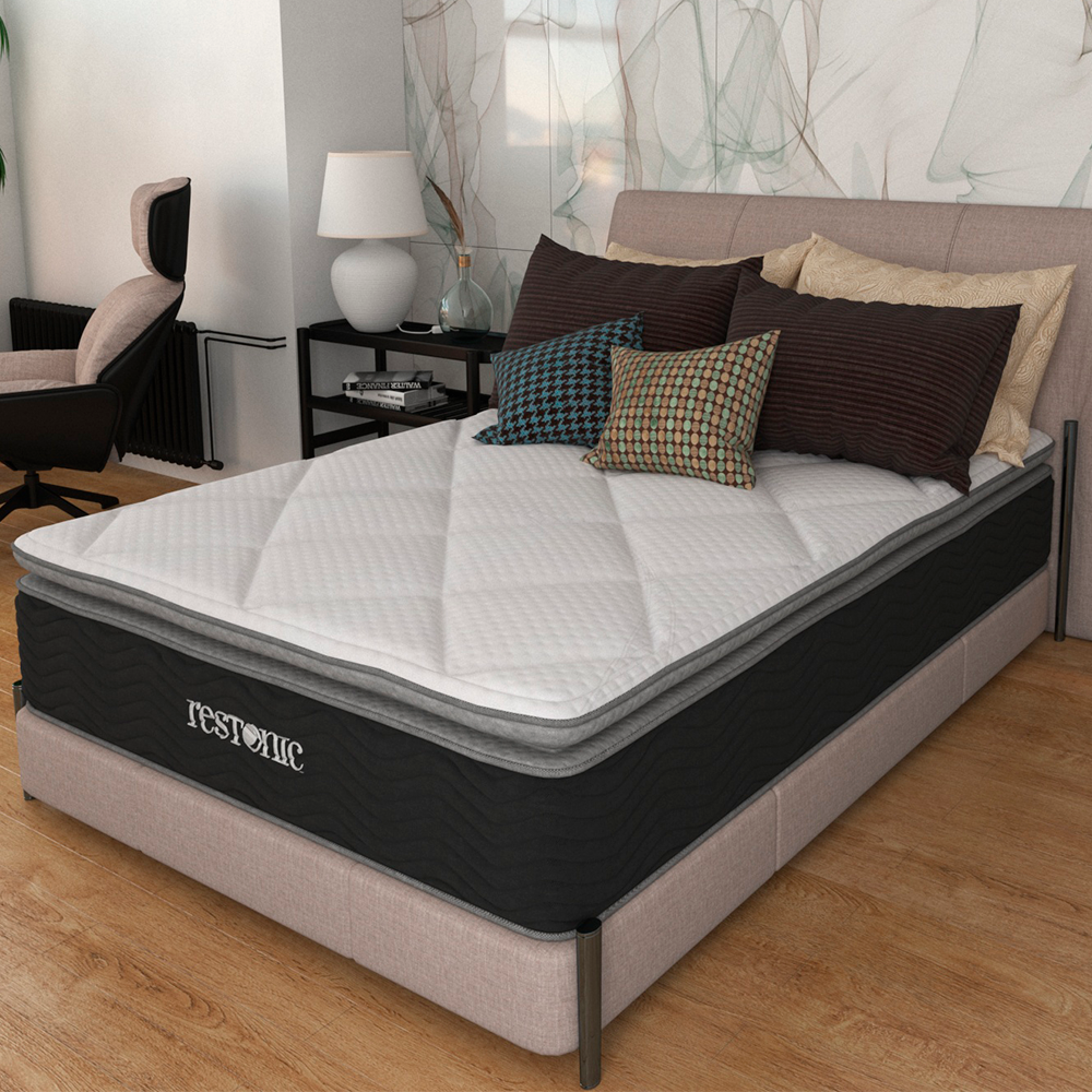 Colchón Restonic Matrimonial Luxury Random Ortopédico Con Colchoneta PILLOW TOP + Protector Matrimonial, Edredón Matrimonial y 2 Almohadas GRATIS