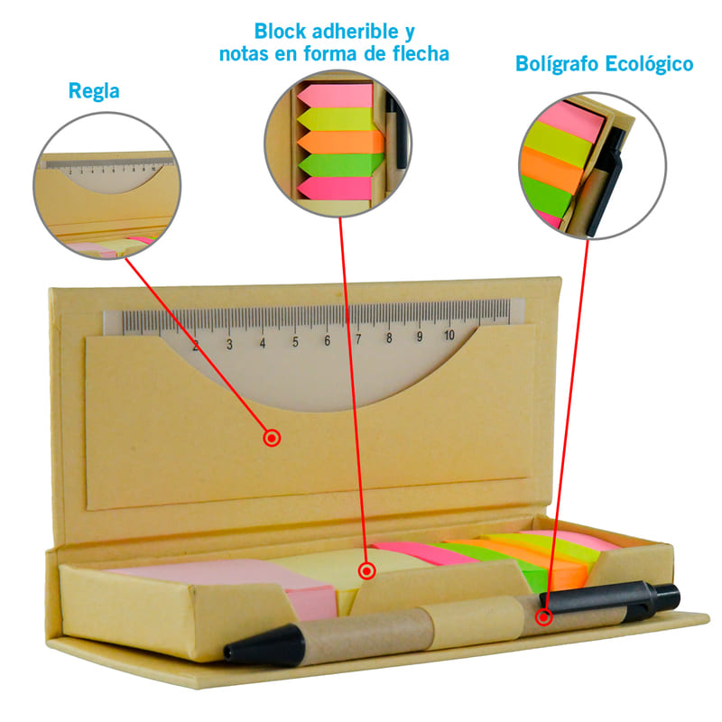 Kit Porta Notas Adhesivas con Regla, Notas Adheribles, Separadores y Pluma EcoNote Marca Red Baboon