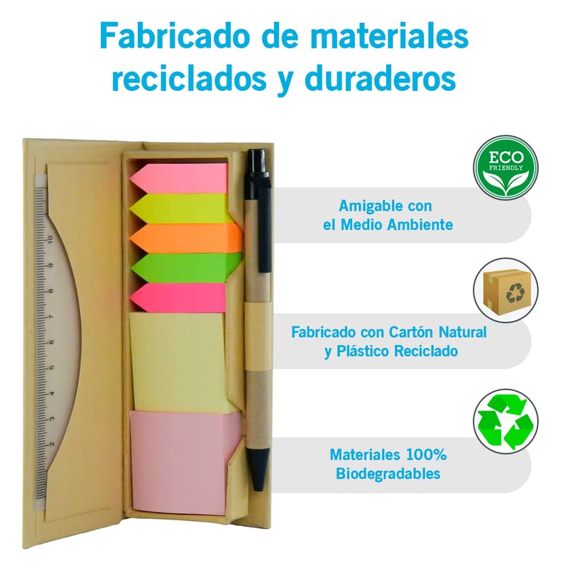 Kit Porta Notas Adhesivas con Regla, Notas Adheribles, Separadores y Pluma EcoNote Marca Red Baboon