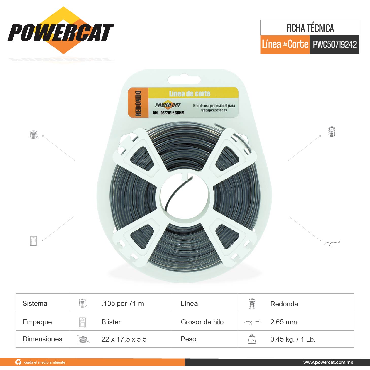LINEA DE CORTE DE 2.65 MM/.105 x 71 M. POWERCAT PWC50719242
