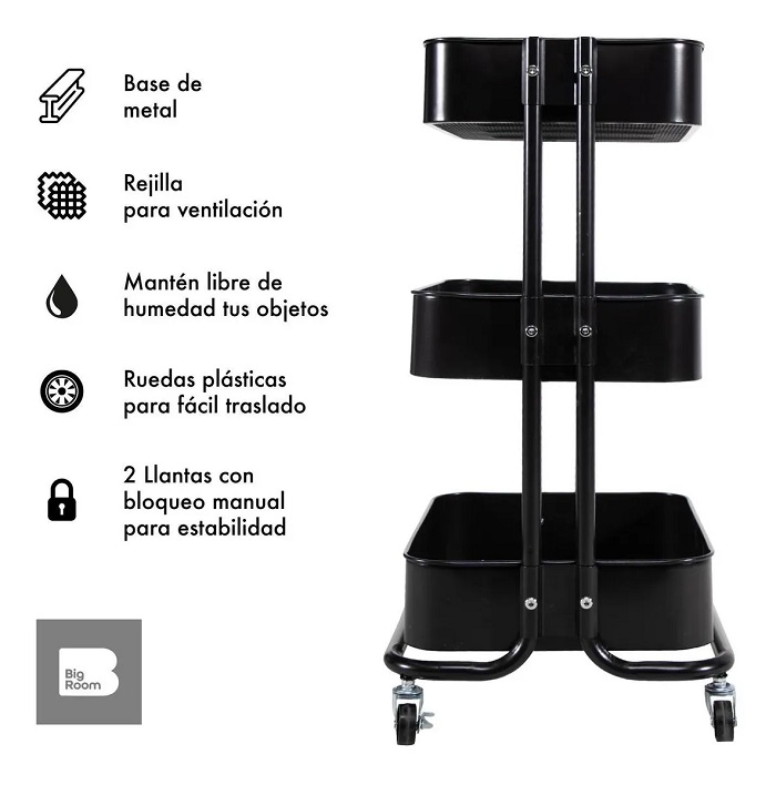 Carrito Organizador Carro Auxiliar Con Ruedas Estanteria Negro