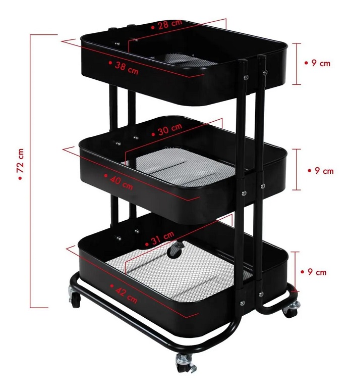 Carrito Organizador Carro Auxiliar Con Ruedas Estanteria Negro