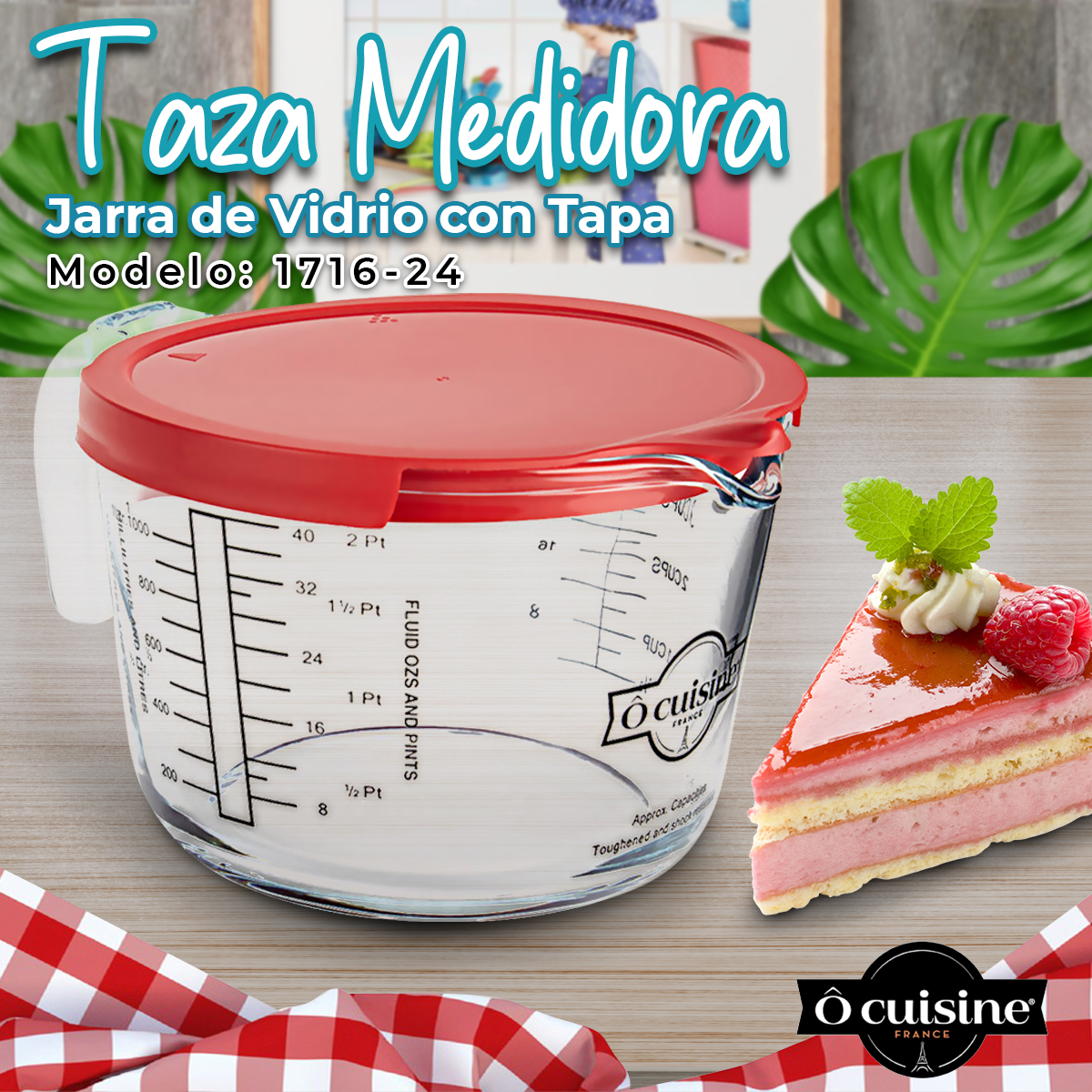 Taza Medidora De Vidrio Tapa 1 L Postres Alimentos Ocuisine