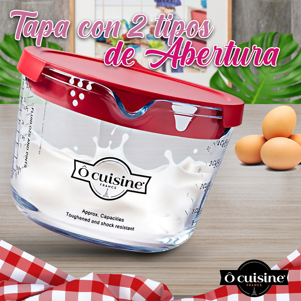 Taza Medidora De Vidrio Tapa 1 L Postres Alimentos Ocuisine