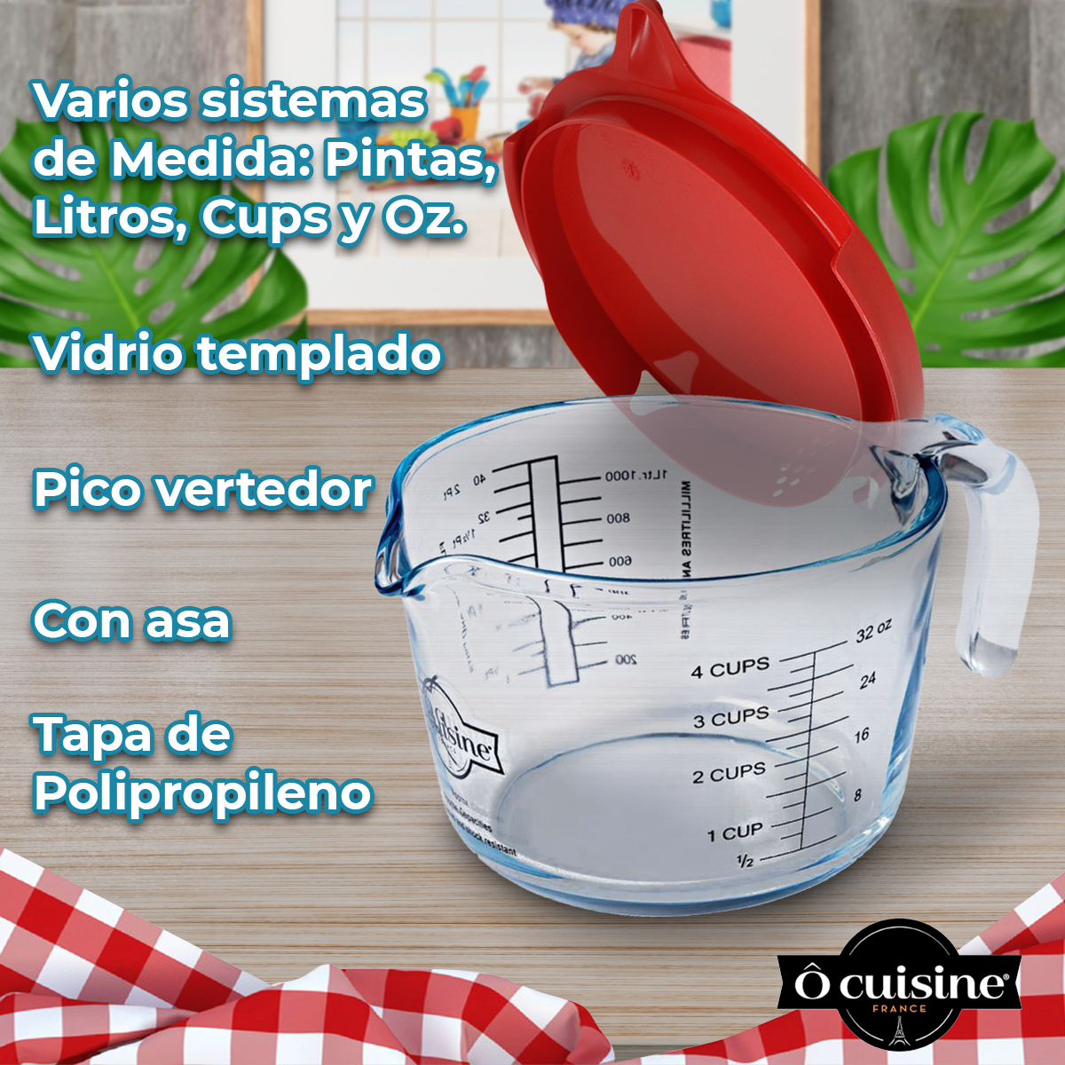 Taza Medidora De Vidrio Tapa 1 L Postres Alimentos Ocuisine