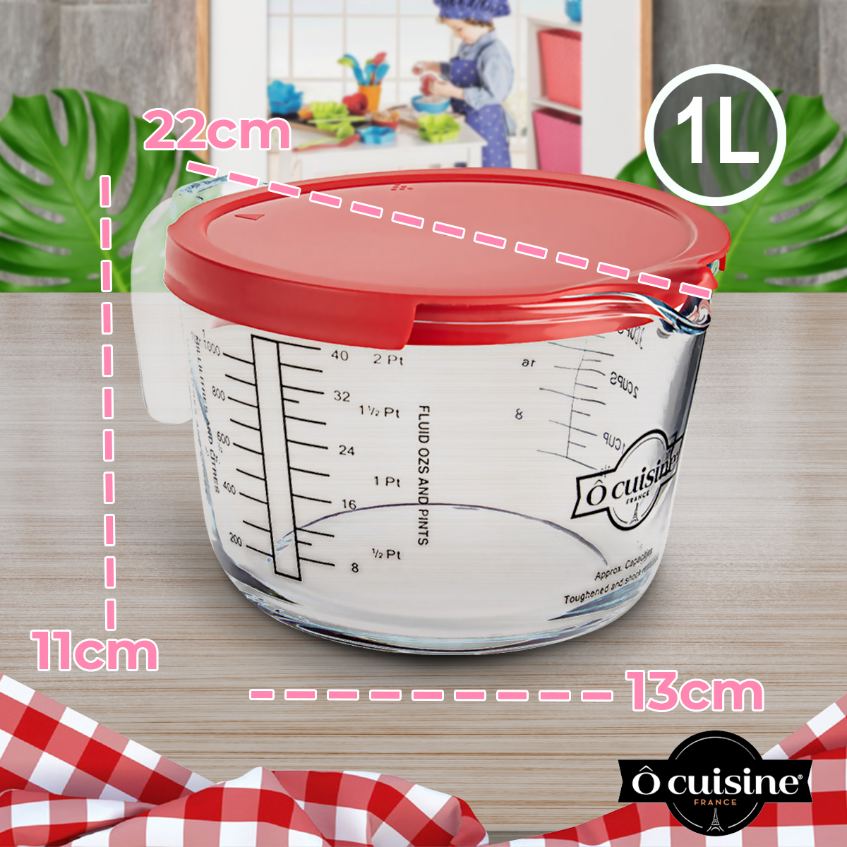 Taza Medidora De Vidrio Tapa 1 L Postres Alimentos Ocuisine