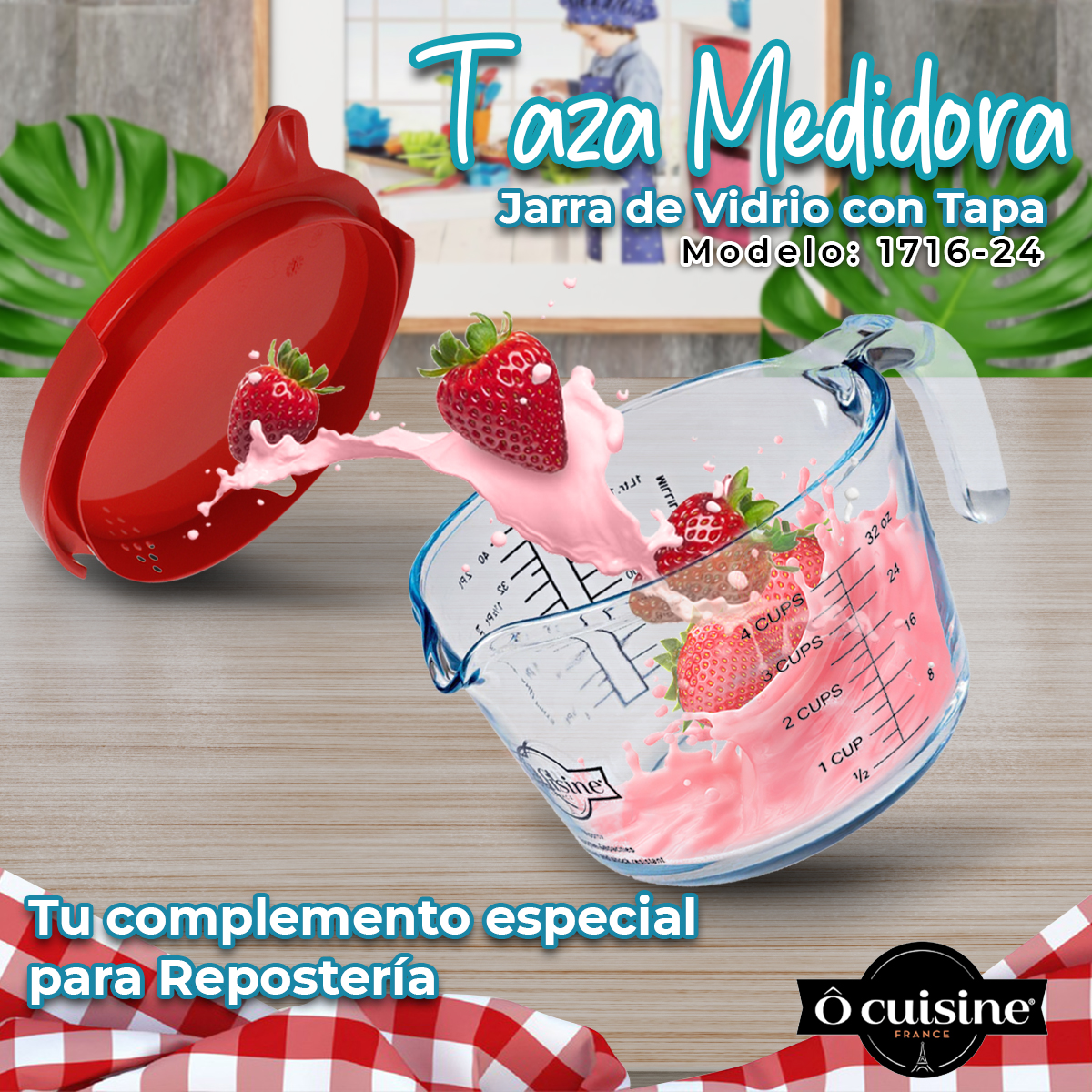 Taza Medidora De Vidrio Tapa 1 L Postres Alimentos Ocuisine