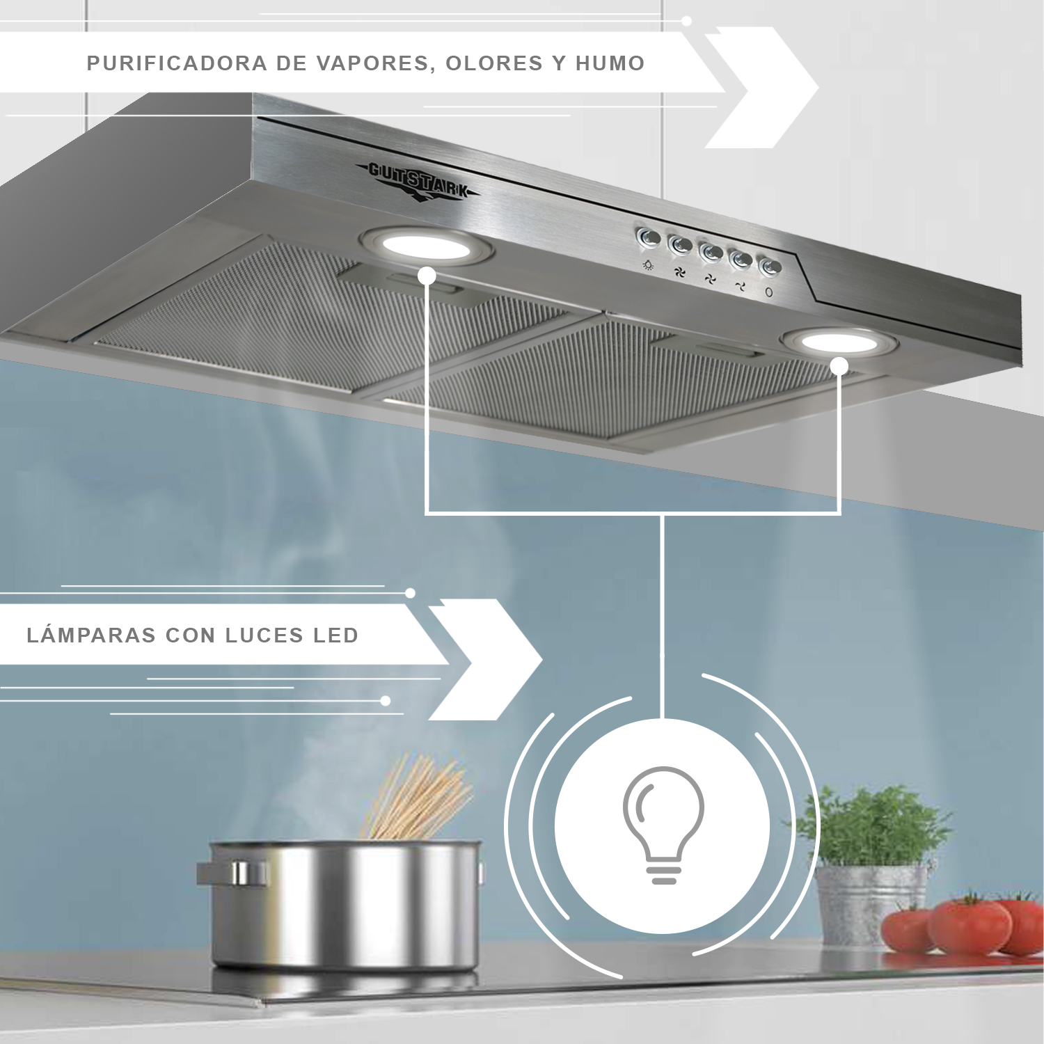 Campana Extractora Purificadora Acero Inoxidable 50 cm Pared Cocina Gutstark