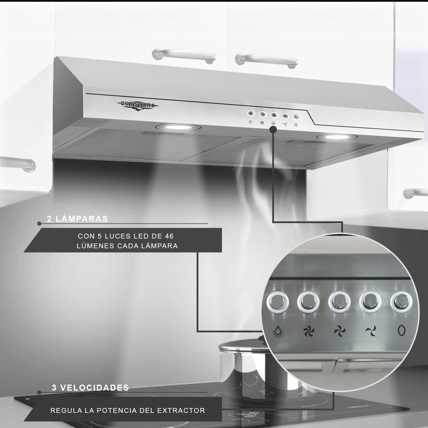 Campana Extractora Purificadora Acero Inoxidable 60 cm Cocina Pared Gutstark