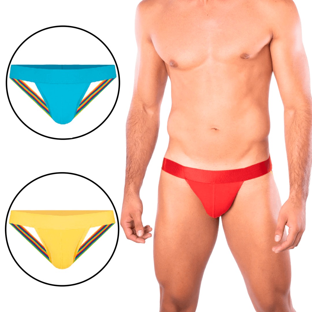 Calzoncillos Tipo Suspensorio Para Hombre, Pack de Trusas Tipo Suspensorio Para Hombres, Set de 3 Piezas Calzoncillos Brief, Tripack de Trusas Suspensorio Azul, Amarillo y Rojo.