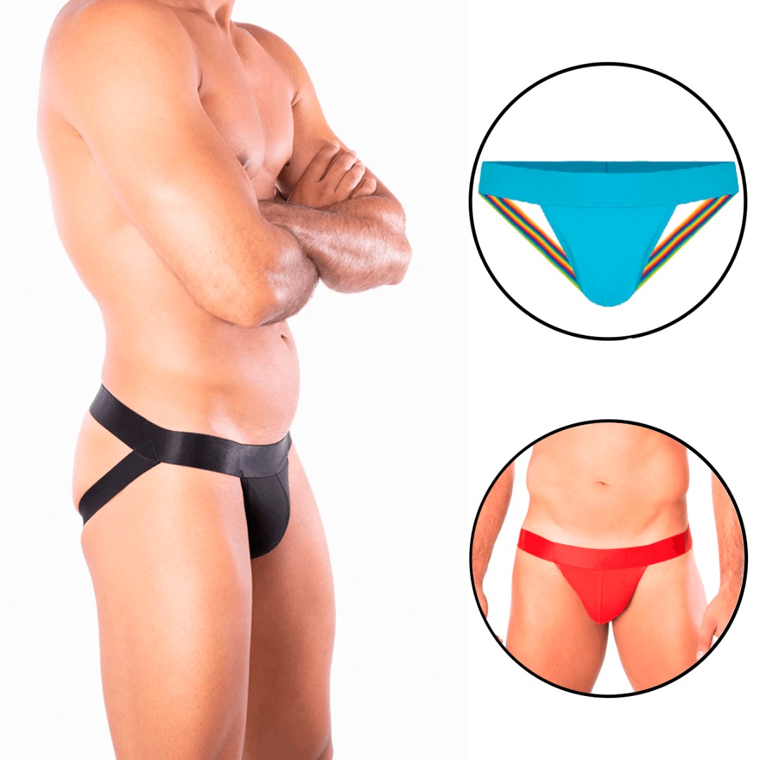 Calzoncillos Tipo Suspensorio Para Hombre, Pack de Trusas Tipo Suspensorio Para Hombres, Set de 3 Piezas Calzoncillos Brief, Tripack de Trusas Suspensorio Negro, Azul Claro y Rojo.