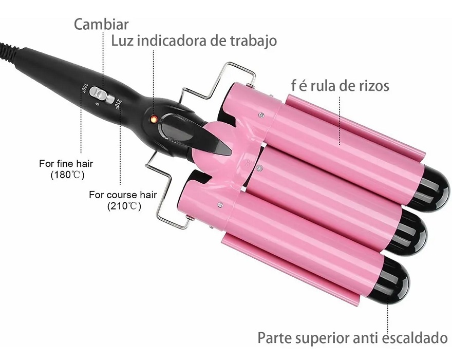 Rizadora De Cabello,varita De Rizador De 3 Barriles Rosa 