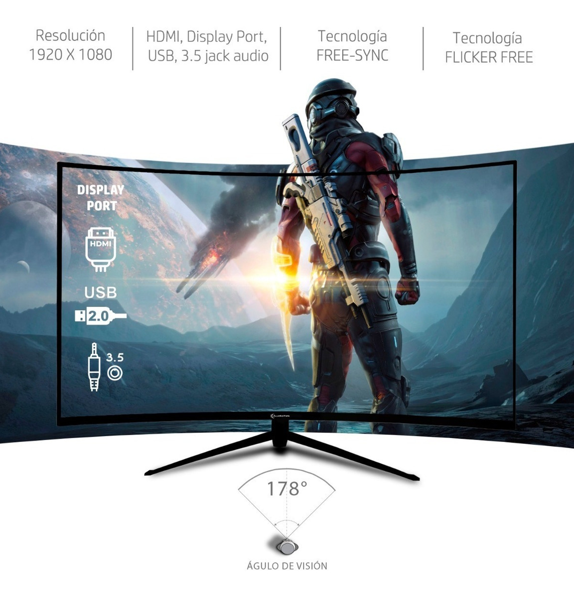 Monitor Gamer Curvo 32 pulgadas 75hz Audiotek 2ms 1920x1080 Hdmi Displayport 40w