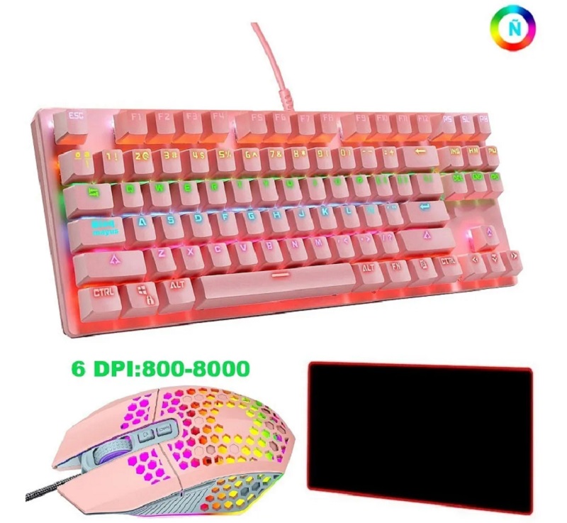 Kit de Teclado, Alfombrilla y Mouse Gamer Rosa
