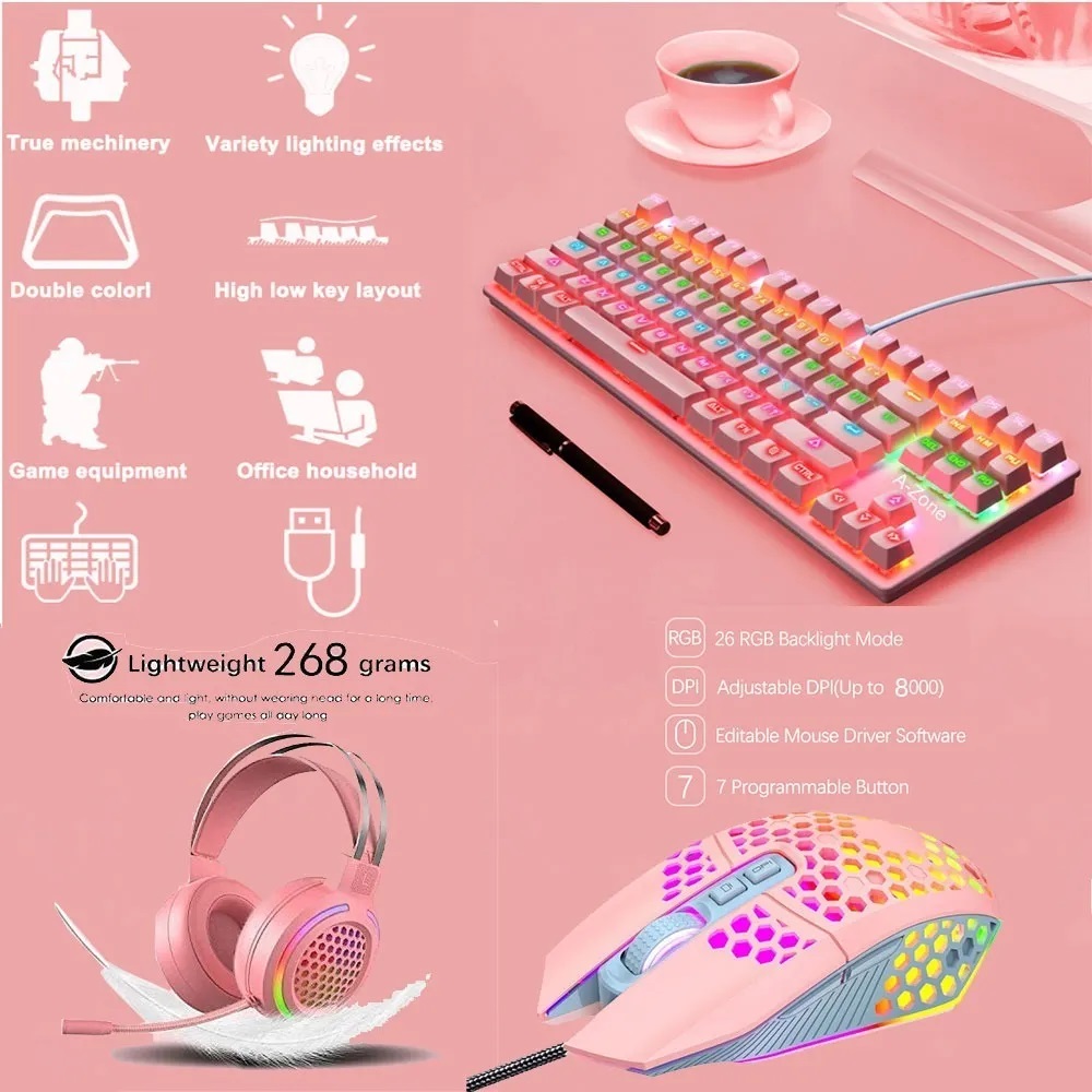 Kit de Teclado, Alfombrilla y Mouse Gamer Rosa