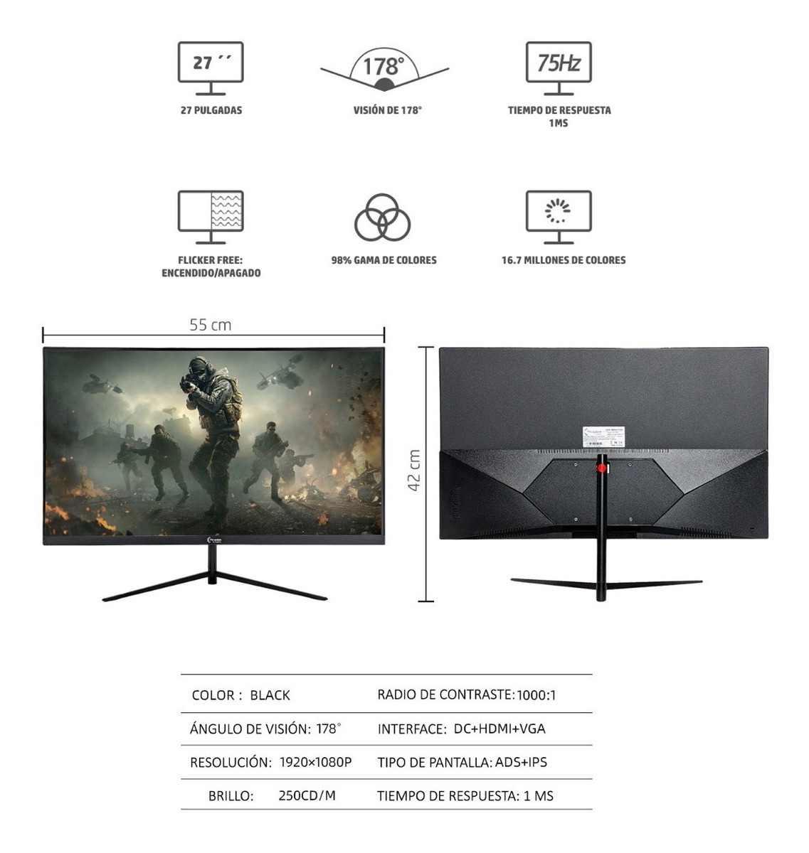 Monitor Gamer 27 pulgadas Display Port 75 Hz Hdmi 48 W Audiotek