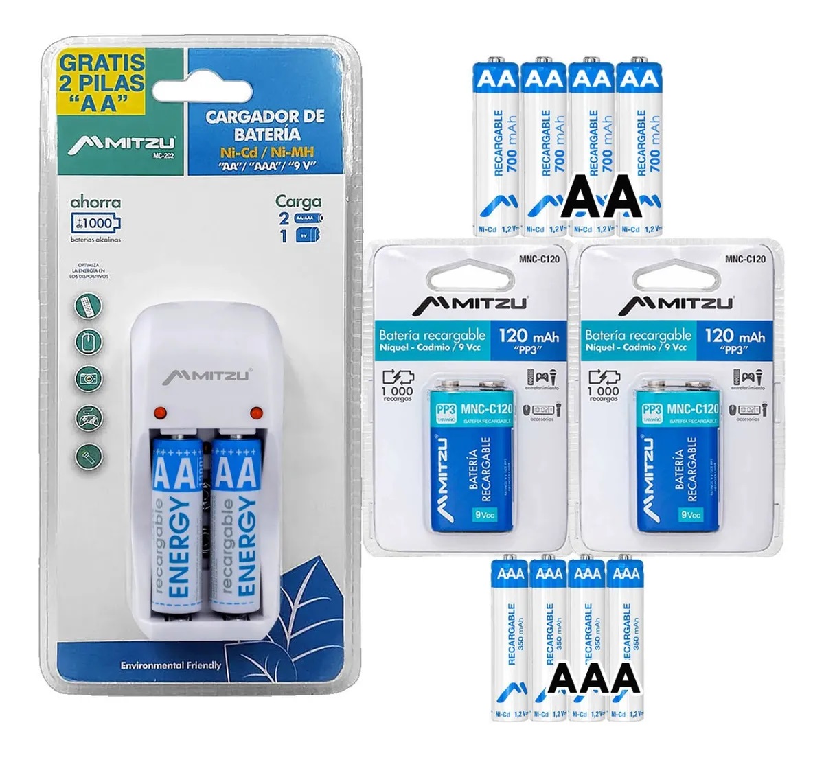 Cargador Pilas Recargables + 2 D 9v + 4 Aa Doble A + 4 Aaa