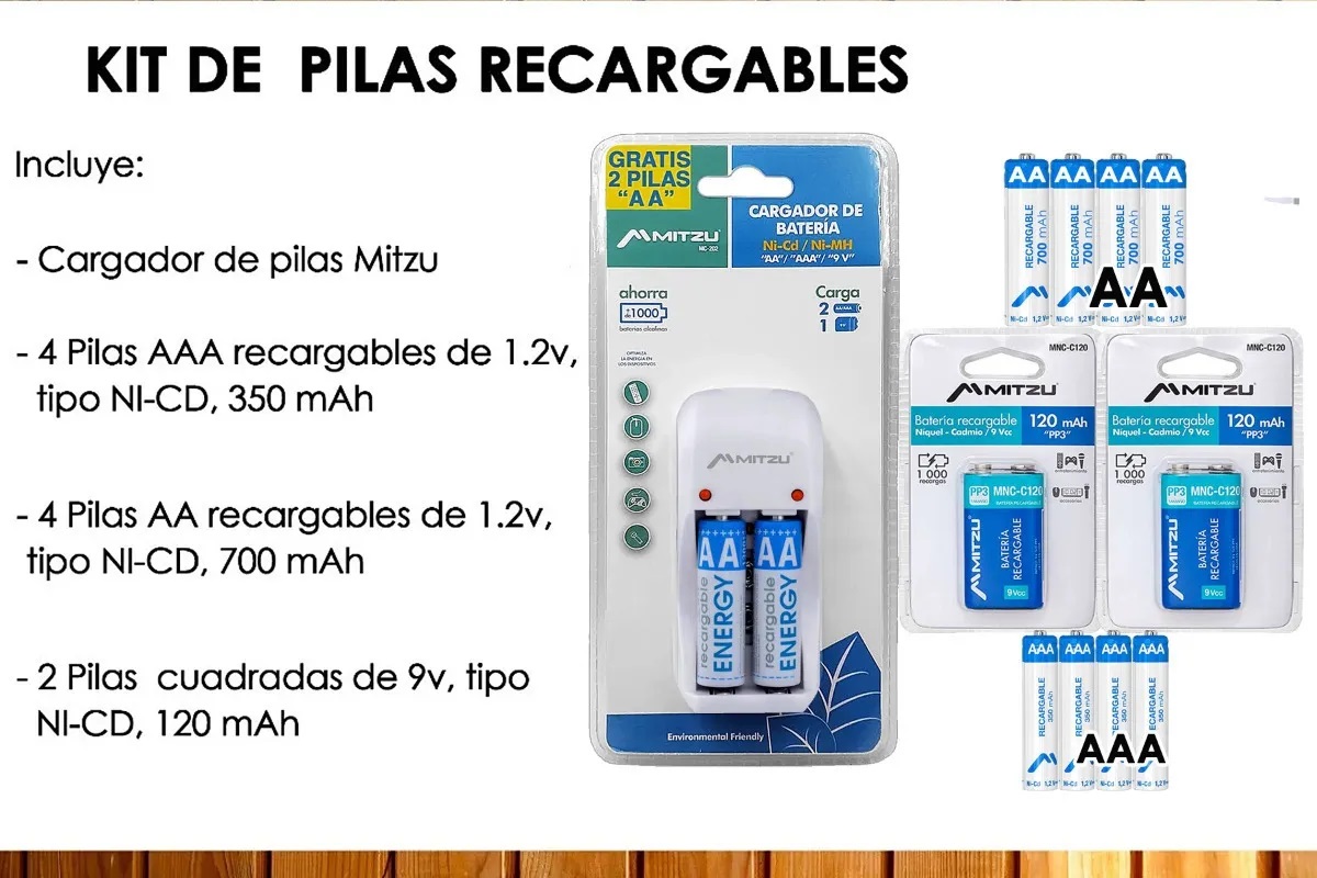 Cargador Pilas Recargables + 2 D 9v + 4 Aa Doble A + 4 Aaa