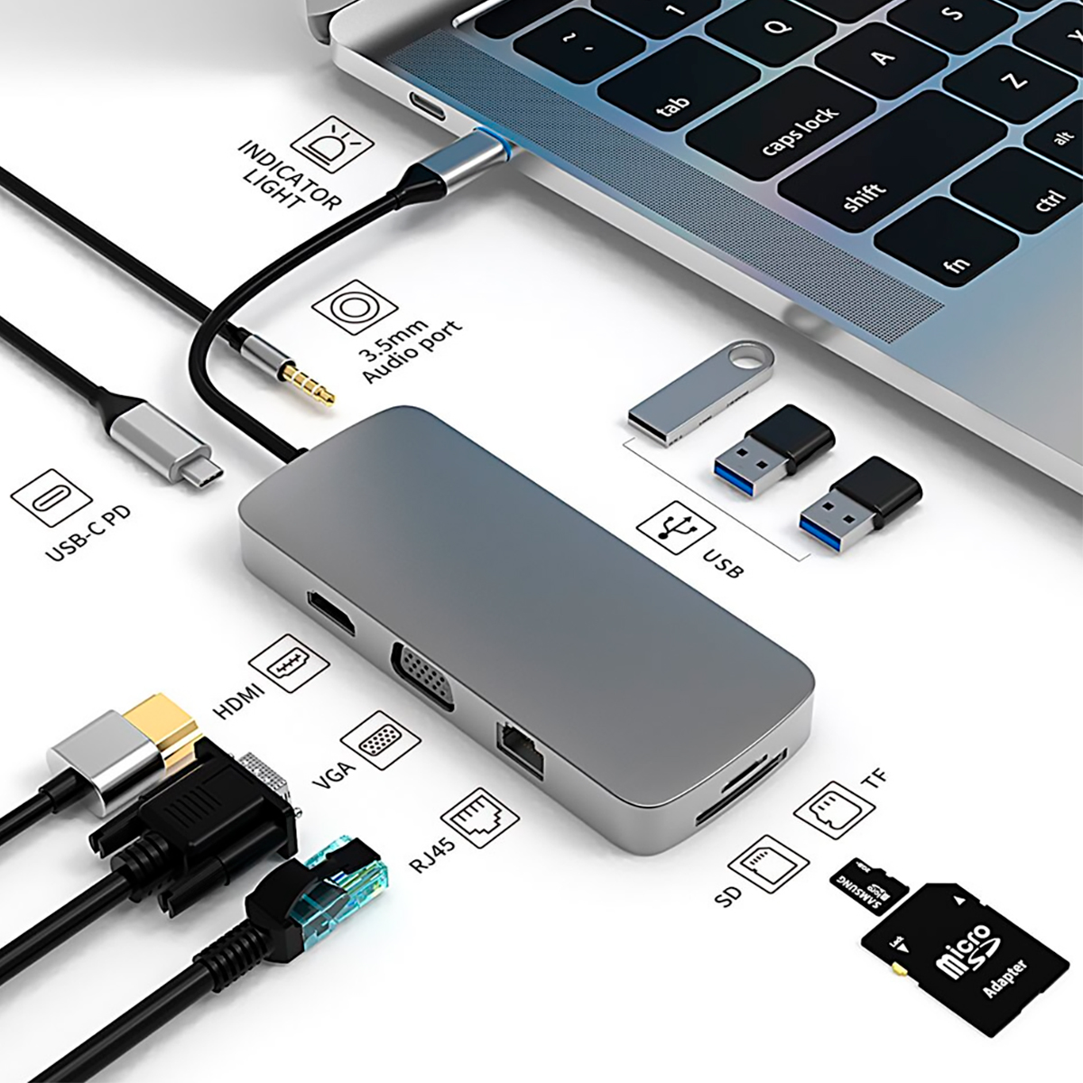 Adaptador USB C 10 en 1 , HDTV, USB, Ethernet, Lector de tarjetas SD/TF, VGA,1080P, admite pantalla simultánea HDMI + VGA, la misma resolución de pantalla es 1080P