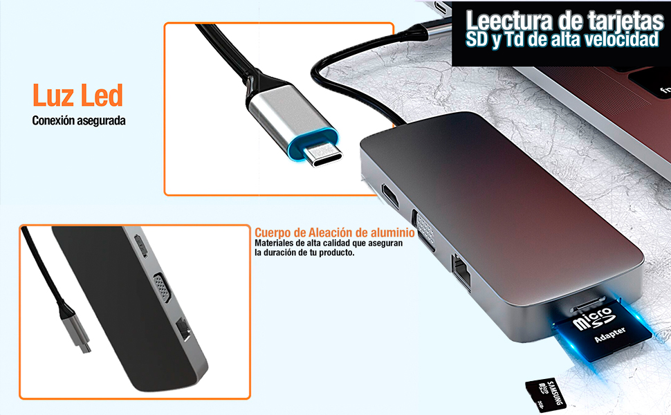 Adaptador USB C 10 en 1 , HDTV, USB, Ethernet, Lector de tarjetas SD/TF, VGA,1080P, admite pantalla simultánea HDMI + VGA, la misma resolución de pantalla es 1080P
