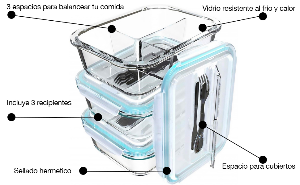 Juego de 3 recipientes de vidrio Brandtrendy con tapa y espacio para  cubiertos